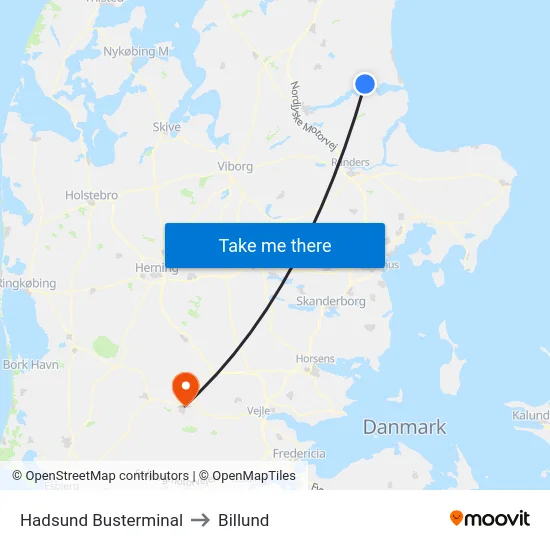 Hadsund Busterminal to Billund map