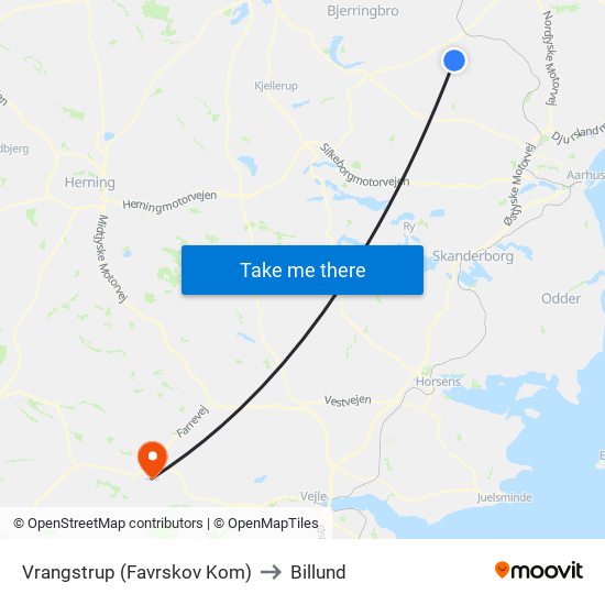 Vrangstrup (Favrskov Kom) to Billund map