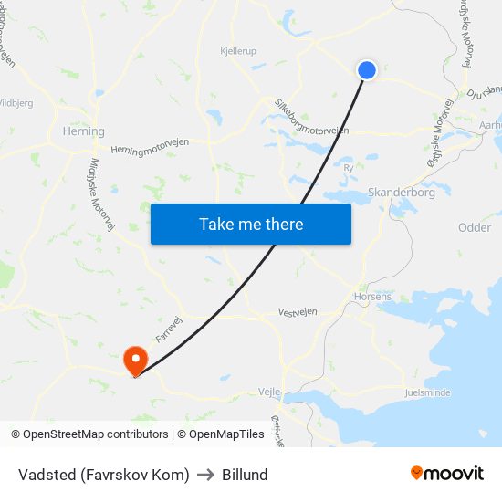 Vadsted (Favrskov Kom) to Billund map