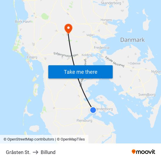 Gråsten St. to Billund map