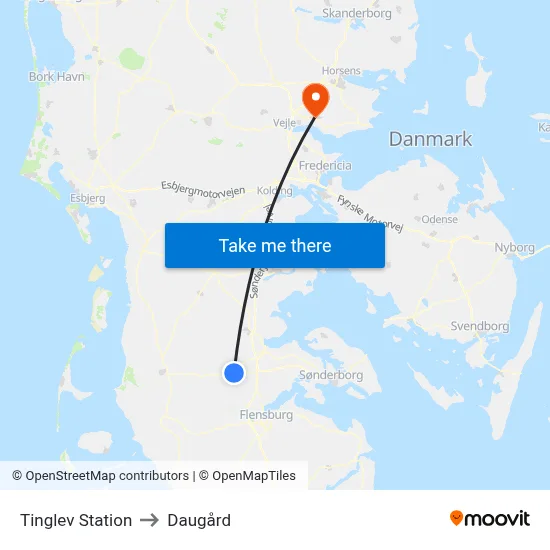 Tinglev Station to Daugård map