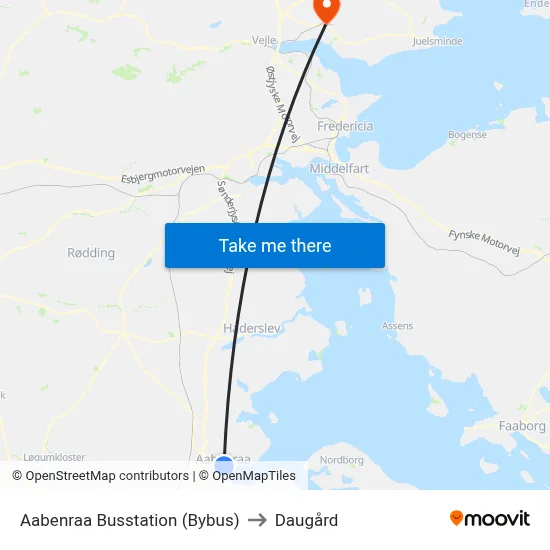 Aabenraa Busstation (Bybus) to Daugård map