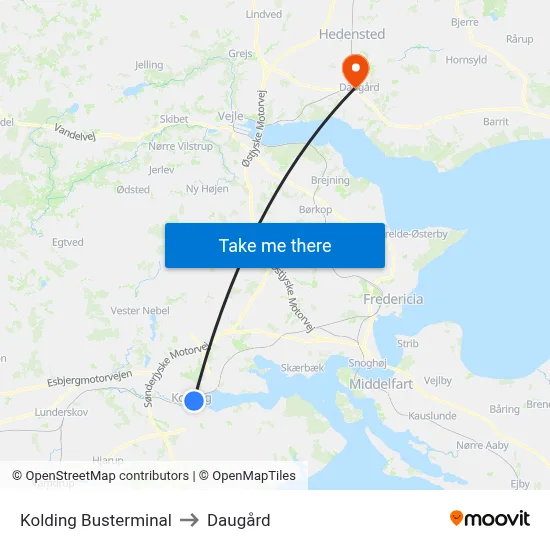Kolding Busterminal to Daugård map