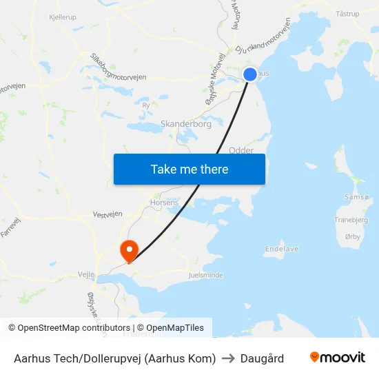 Aarhus Tech/Dollerupvej (Aarhus Kom) to Daugård map