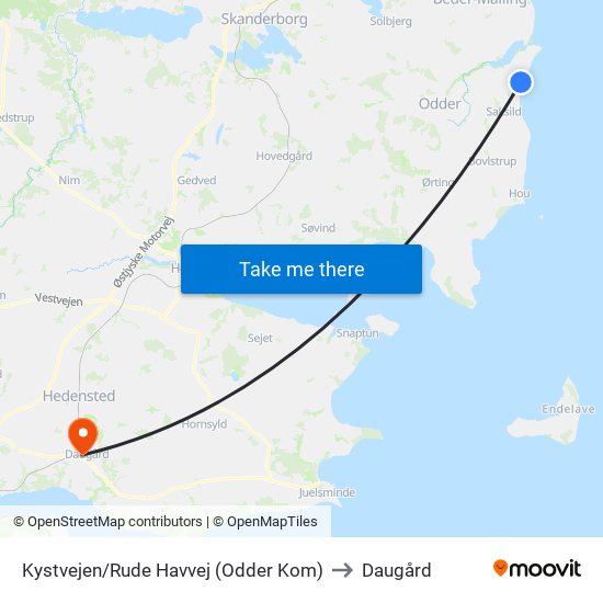 Kystvejen/Rude Havvej (Odder Kom) to Daugård map