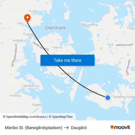 Maribo St. (Banegårdspladsen) to Daugård map