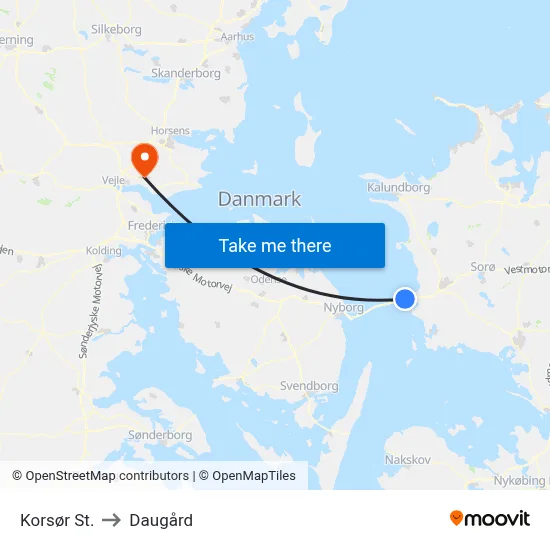 Korsør St. to Daugård map