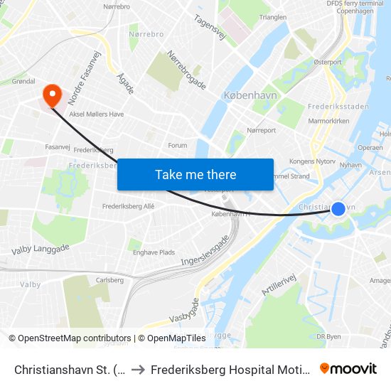 Christianshavn St. (Metro) to Frederiksberg Hospital Motionscenter map