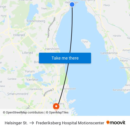 Helsingør St. to Frederiksberg Hospital Motionscenter map