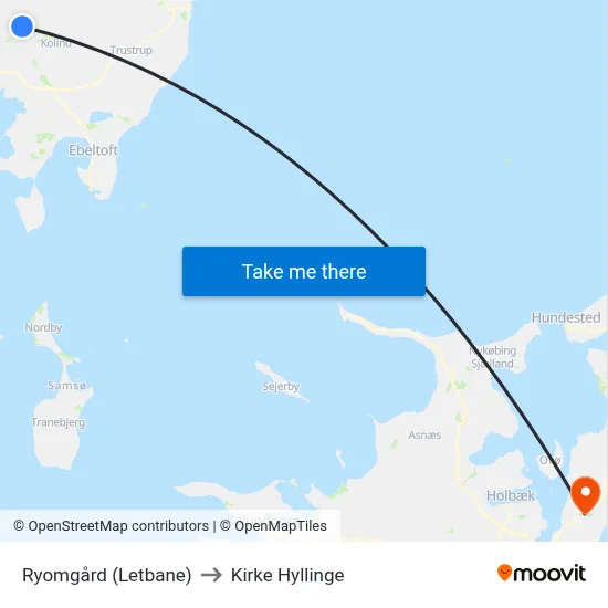 Ryomgård (Letbane) to Kirke Hyllinge map