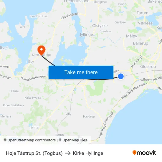 Høje Tåstrup St. (Togbus) to Kirke Hyllinge map