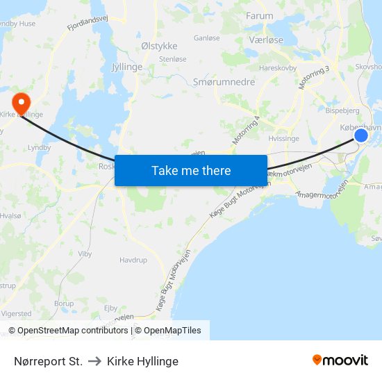 Nørreport St. to Kirke Hyllinge map
