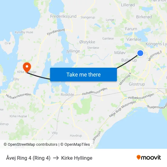 Åvej Ring 4 (Ring 4) to Kirke Hyllinge map
