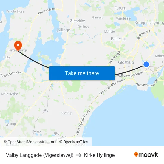Valby Langgade (Vigerslevvej) to Kirke Hyllinge map