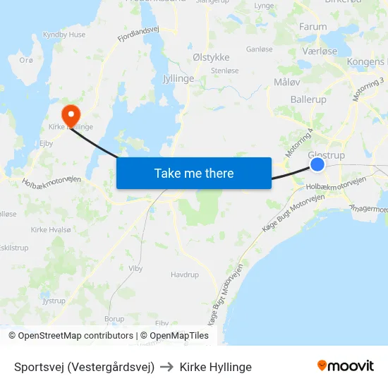 Sportsvej (Vestergårdsvej) to Kirke Hyllinge map