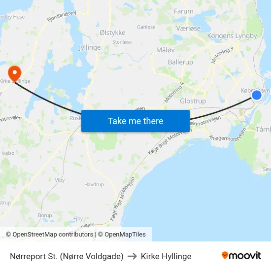 Nørreport St. (Nørre Voldgade) to Kirke Hyllinge map