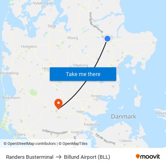 Randers Busterminal to Billund Airport (BLL) map