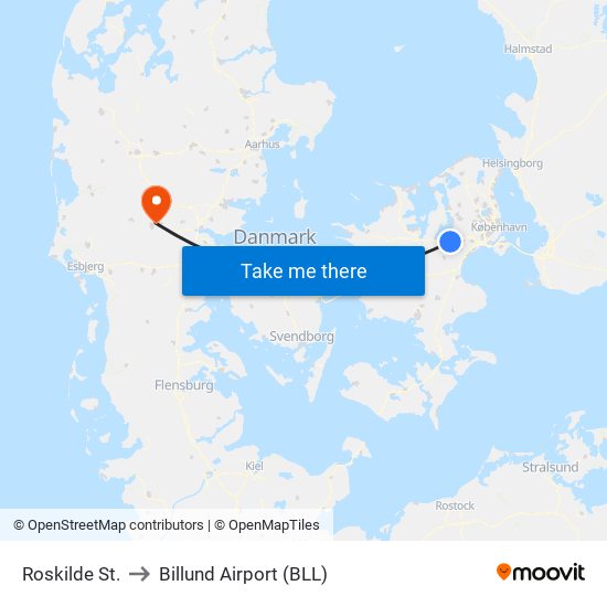 Roskilde St. to Billund Airport (BLL) map