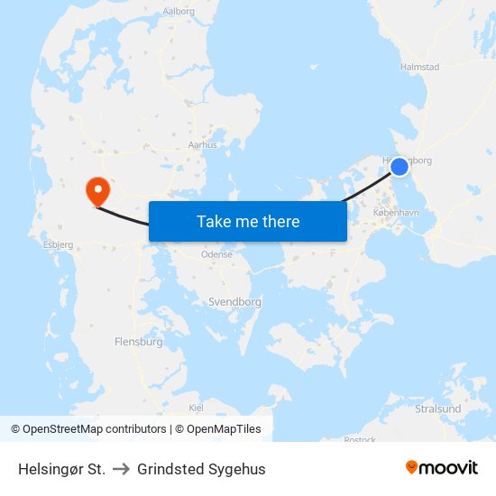 Helsingør St. to Grindsted Sygehus map