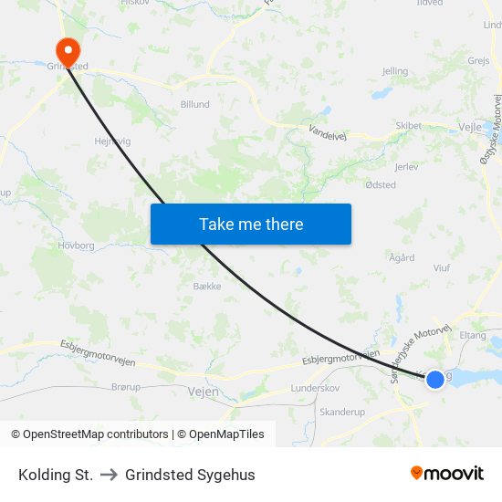 Kolding St. to Grindsted Sygehus map