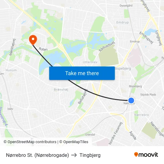 Nørrebro St. (Nørrebrogade) to Tingbjerg map