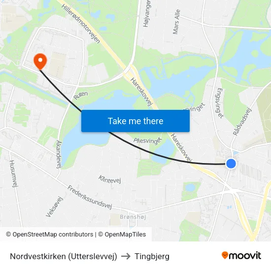 Nordvestkirken (Utterslevvej) to Tingbjerg map
