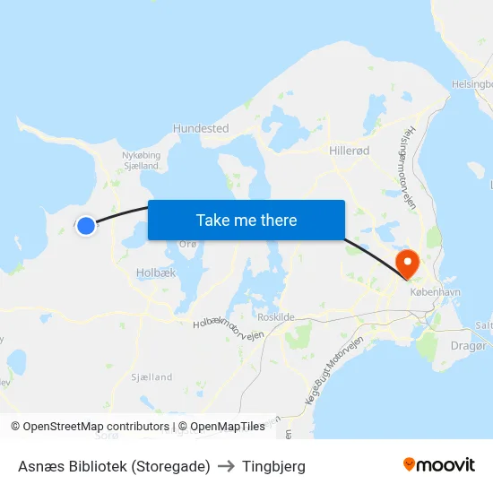 Asnæs Bibliotek (Storegade) to Tingbjerg map