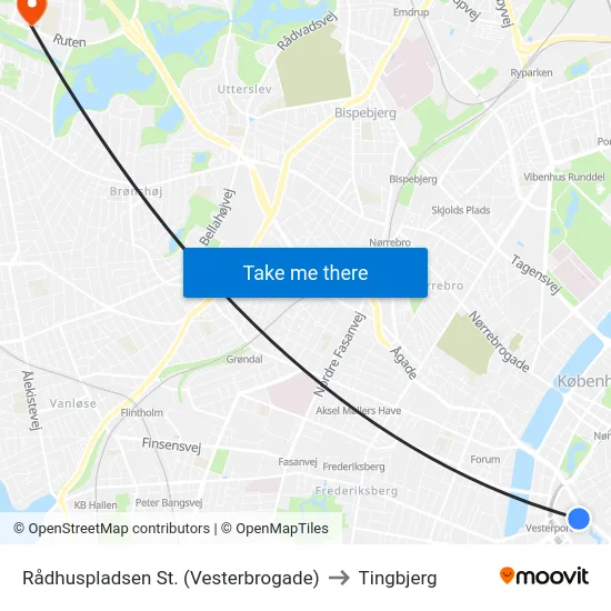 Rådhuspladsen St. (Vesterbrogade) to Tingbjerg map