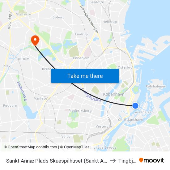 Sankt Annæ Plads Skuespilhuset (Sankt Annæ Plads) to Tingbjerg map