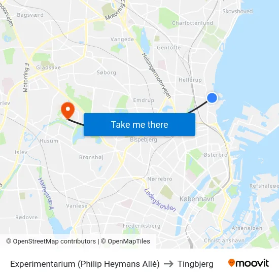 Experimentarium (Philip Heymans Allè) to Tingbjerg map