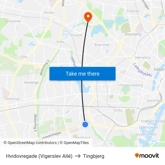 Hvidovregade (Vigerslev Allé) to Tingbjerg map