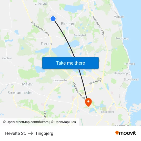 Høvelte St. to Tingbjerg map