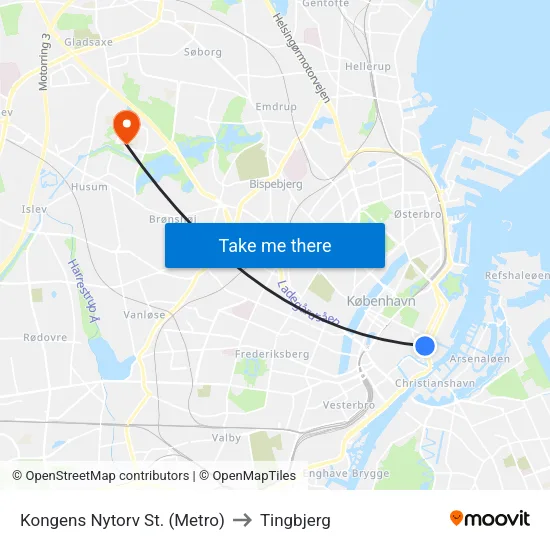 Kongens Nytorv St. (Metro) to Tingbjerg map