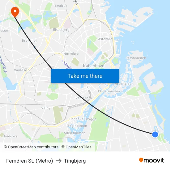 Femøren St. (Metro) to Tingbjerg map