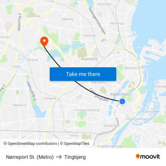 Nørreport St. (Metro) to Tingbjerg map