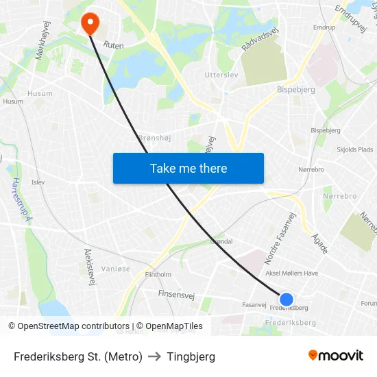 Frederiksberg St. (Metro) to Tingbjerg map
