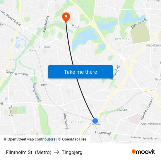 Flintholm St. (Metro) to Tingbjerg map