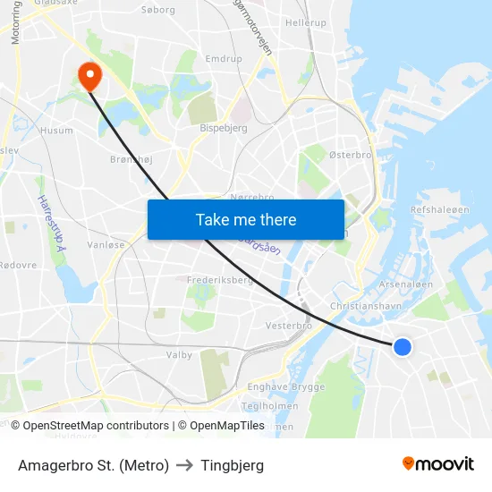 Amagerbro St. (Metro) to Tingbjerg map