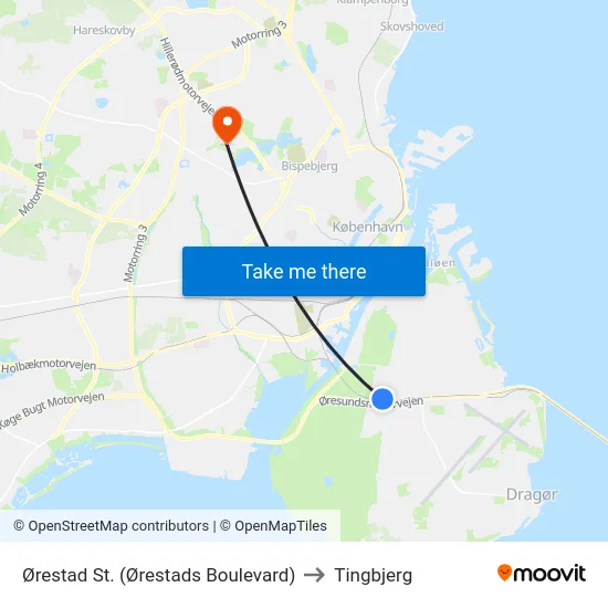 Ørestad St. (Ørestads Boulevard) to Tingbjerg map