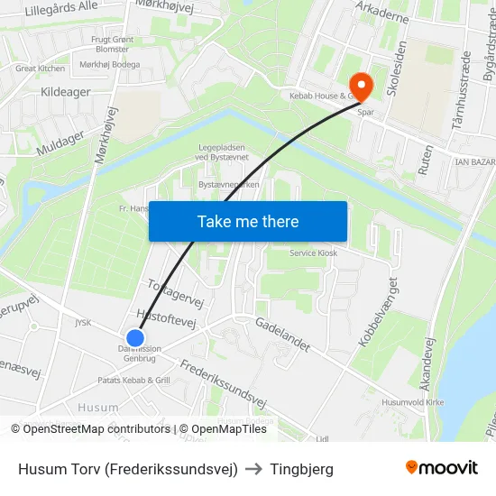 Husum Torv (Frederikssundsvej) to Tingbjerg map