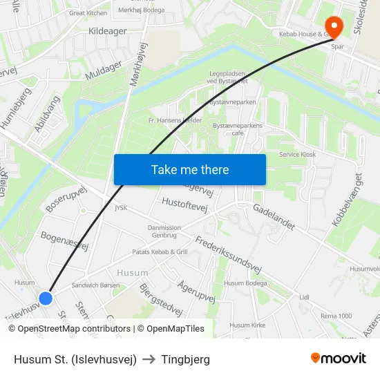 Husum St. (Islevhusvej) to Tingbjerg map