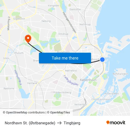 Nordhavn St. (Østbanegade) to Tingbjerg map