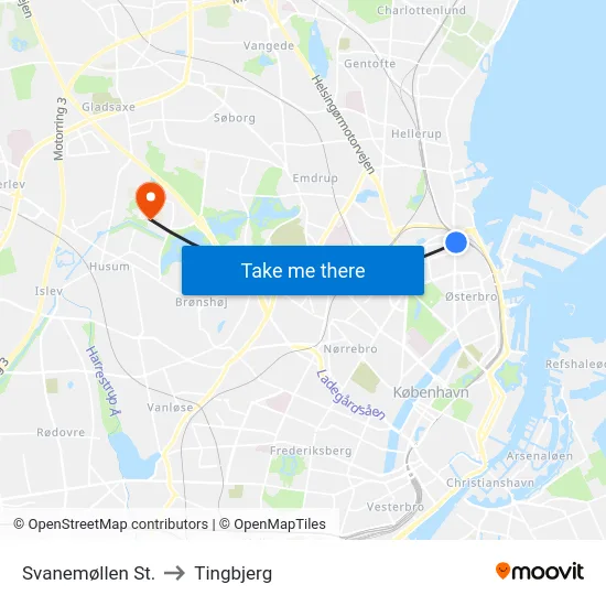 Svanemøllen St. to Tingbjerg map