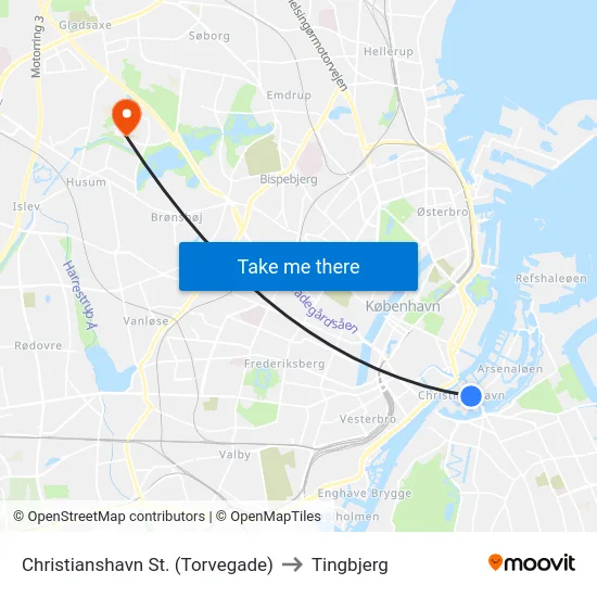 Christianshavn St. (Torvegade) to Tingbjerg map