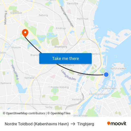 Nordre Toldbod (Københavns Havn) to Tingbjerg map