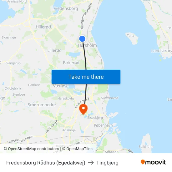 Fredensborg Rådhus (Egedalsvej) to Tingbjerg map