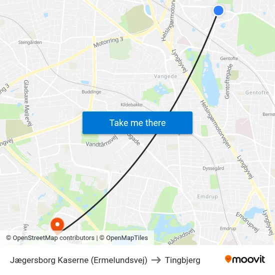 Jægersborg Kaserne (Ermelundsvej) to Tingbjerg map