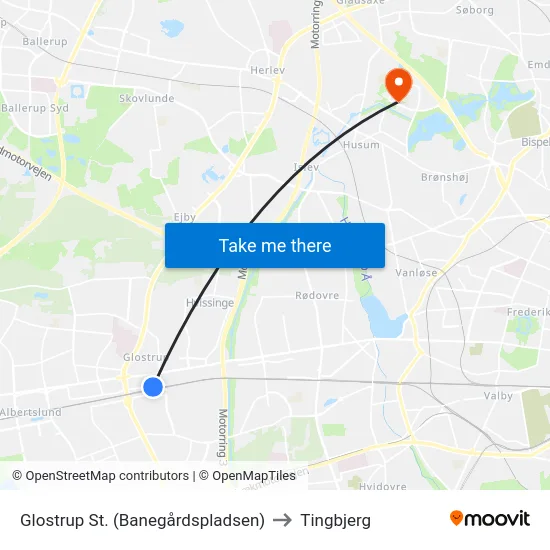 Glostrup St. (Banegårdspladsen) to Tingbjerg map