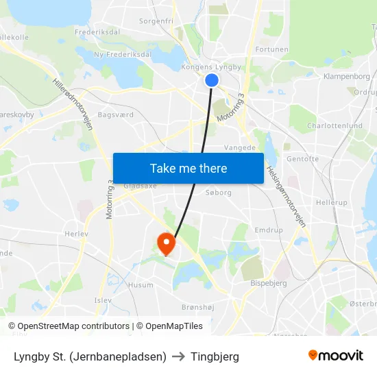 Lyngby St. (Jernbanepladsen) to Tingbjerg map