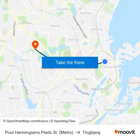 Poul Henningsens Plads St. (Metro) to Tingbjerg map